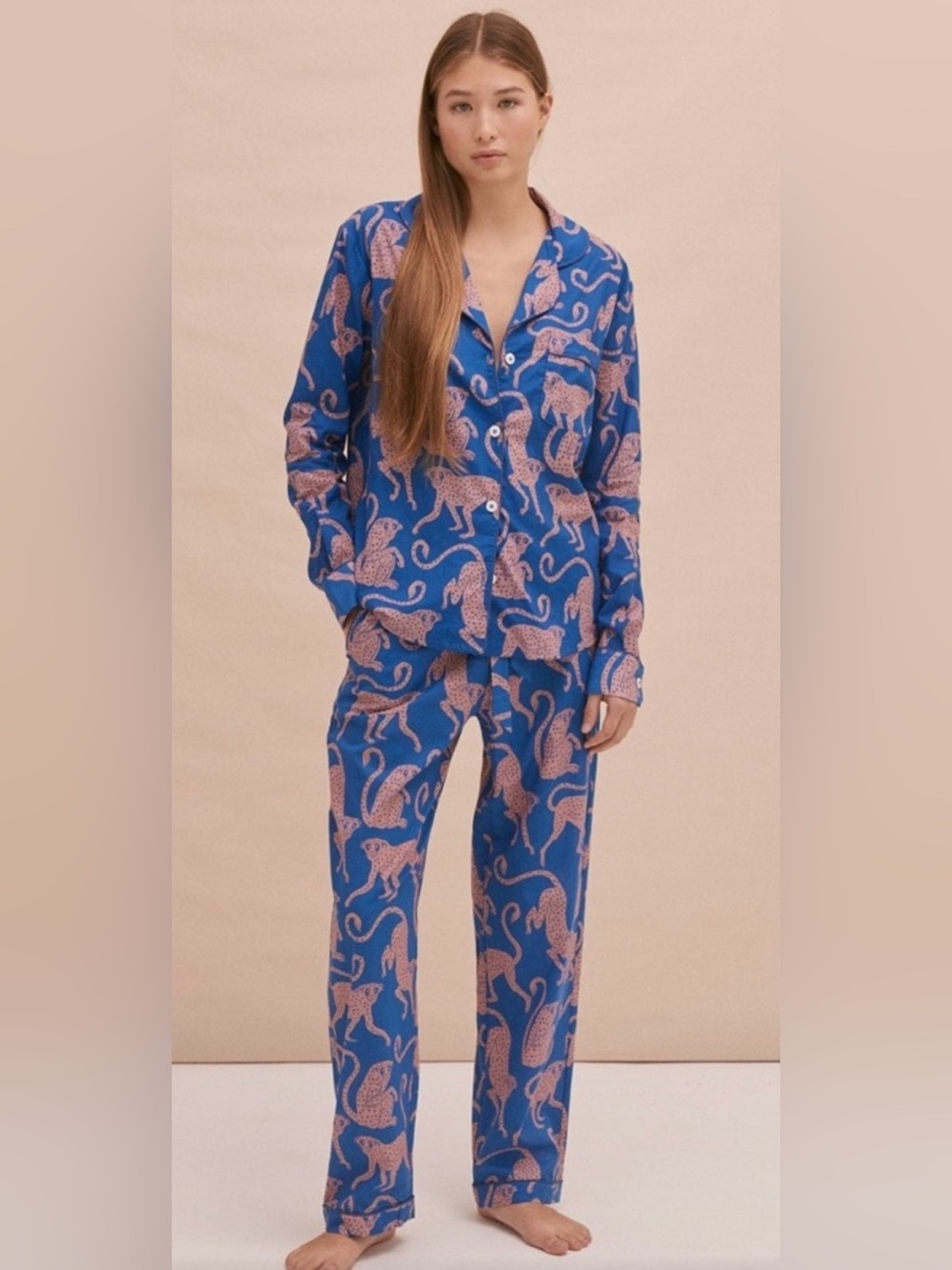 Blue & Pink Printed Long PJ Set - Women Intimates & Sleepwear